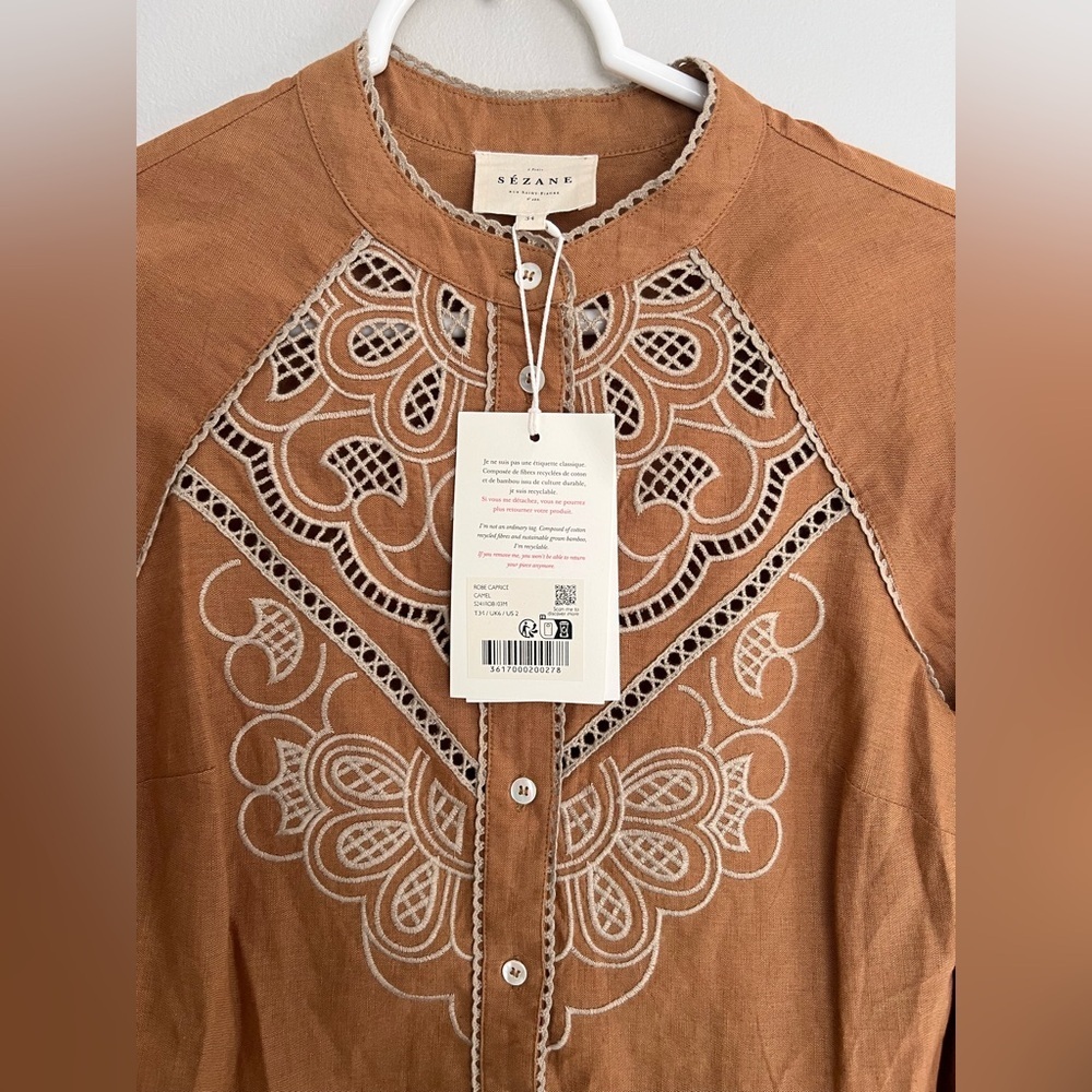 NWT Sezane Caprice Intricate Embroidery Linen Dress In Camel Size 34 - Picture 4 of 8